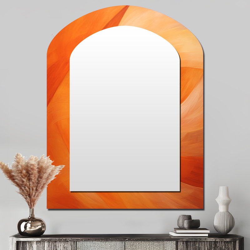 Tangerine Twist Spriral - miroir mural décoratif à spirales abstraites en arc, grand miroir asymétrique pêche, impression d'art en métal