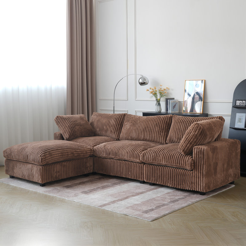 Canapé modulaire à accoudoirs larges avec repose-pieds 4 pièces, Fausse fourrure brune
