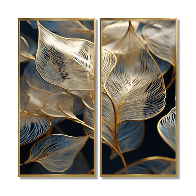 Golden Ginkgo Biloba Leaves - Leaves Wall Art Decor, Gold Floral Canvas Print 2 Panel