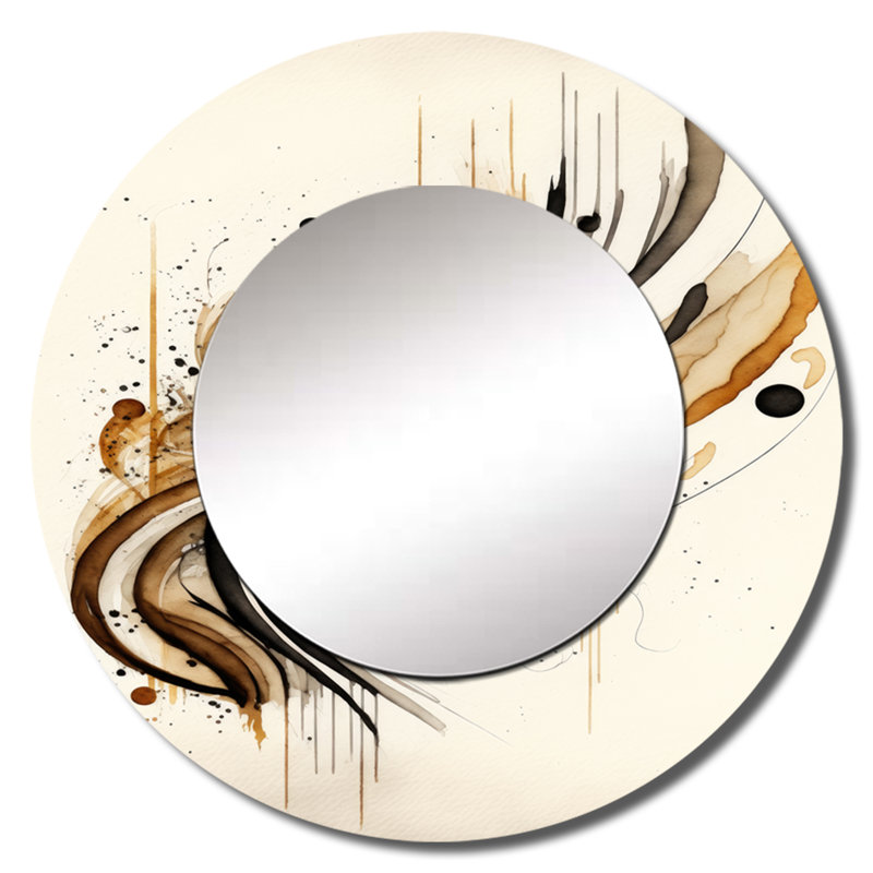 Quarta Brown And Black Movement I - Minimalism Unique Wall Mirror Decor, Modern Large Round Mirror, Printed Metal Art
