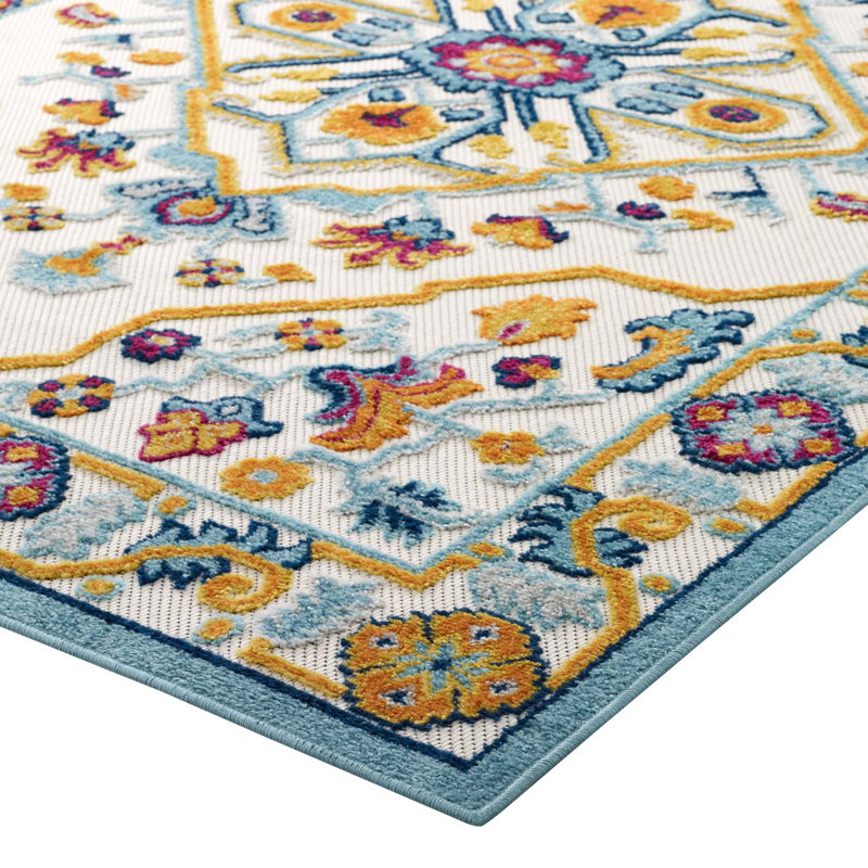 Blue Floral Synthetic Rectangular Stain-Resistant Area Rug