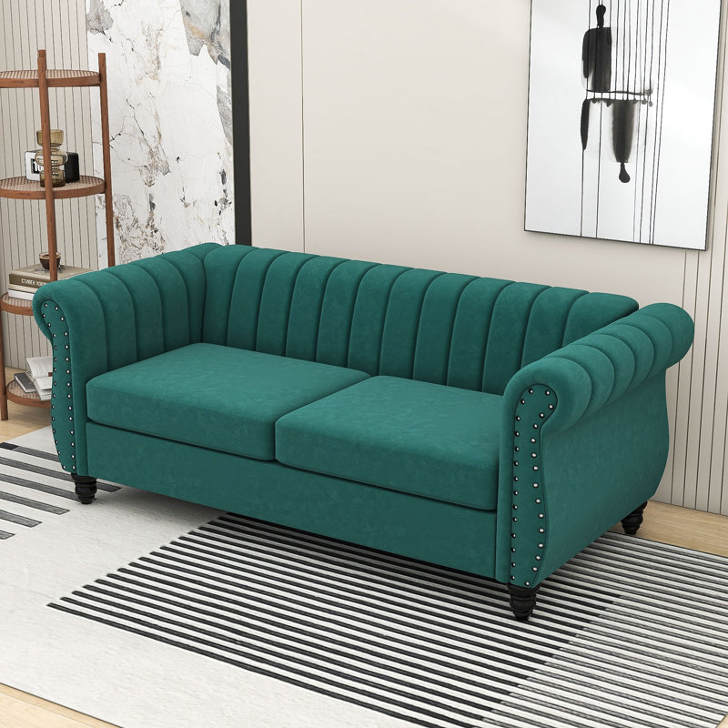 Causeuse avec accoudoirs roulés Hanschen, Polyester vert, H 31,5 po x l 82,5 po x P 36 po