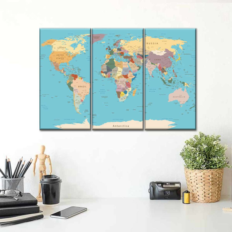 Carte détaillée du monde sur toile, ensemble de 3 pièces, H 24 po x l 38 po x P 1,25 po