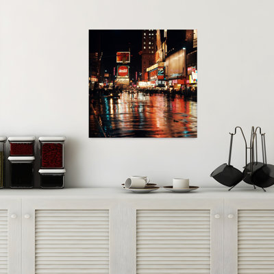 1960S Circa 1967 Wet Street And Neon Lights At Night Times Square Manhattan New York City Usa Abstract Classic Colorful City Wall Art