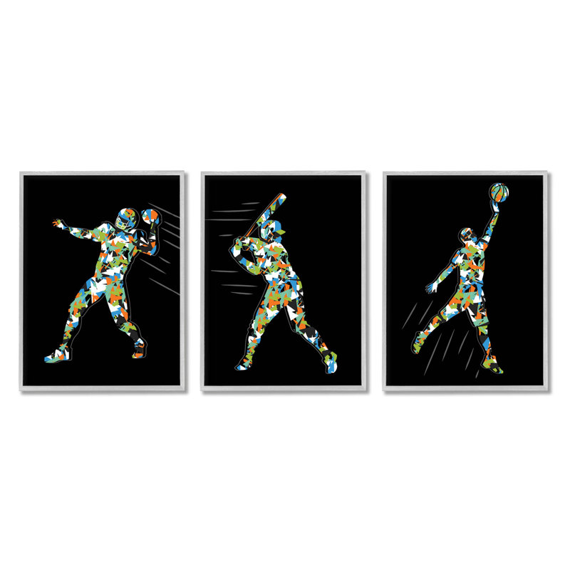 Ensemble de 3 estampes géométriques à motif sportif par Arrolynn Weiderhold, H 14 po x l 33 po x P 1,5 po