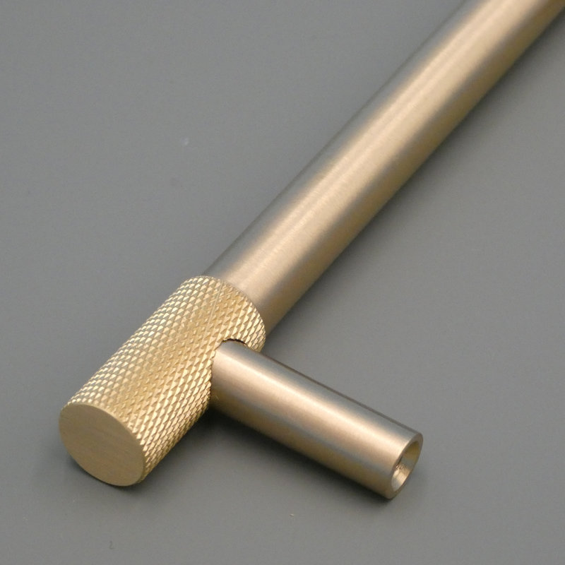Knurled Edge Solid Brushed Brass Cabinet and Drawer Pull, 6.31"