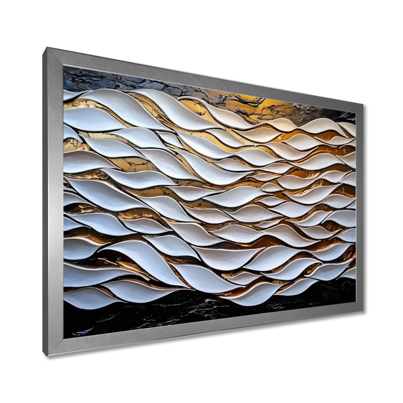 Cubic Wave White and Golden Underwater III - Abstract Cubism Print, art mural, H 16 po x l 32 po, Argent argent