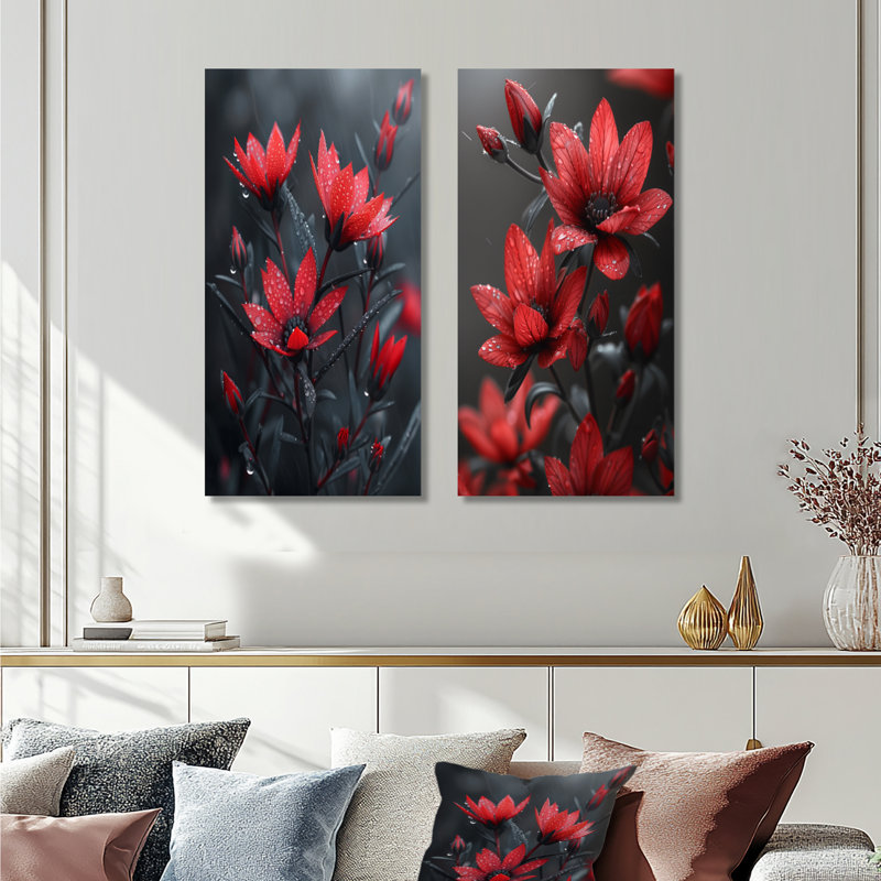 Ensemble de 2 pièces d'art mural monochromes rouges et gris, Ne s’applique pas, Toile tendue sur cadre, H 28 po x l 24 po