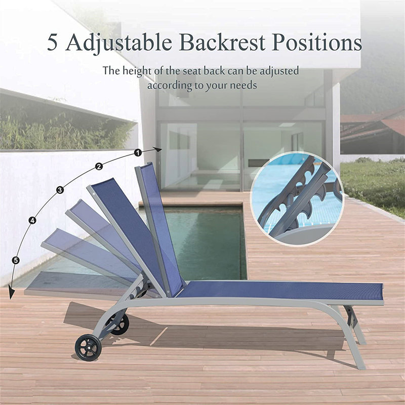 Chaise Lounge Outdoor Set Of 3, Lounge Chairs For Outside With Wheels, Outdoor Lounge Chairs With 5 Adjustable Position, Pool Lounge Chairs For Patio, Beach(Blue, 2 Lounge Chairs+1 Table)