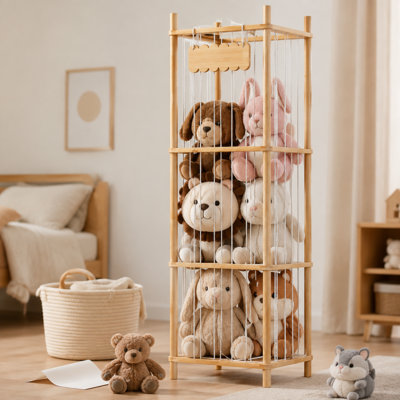 Large‑capacity wooden plush toy cage organizer, sturdy stuffed animal zoo storage holder for neat playroom toy organization