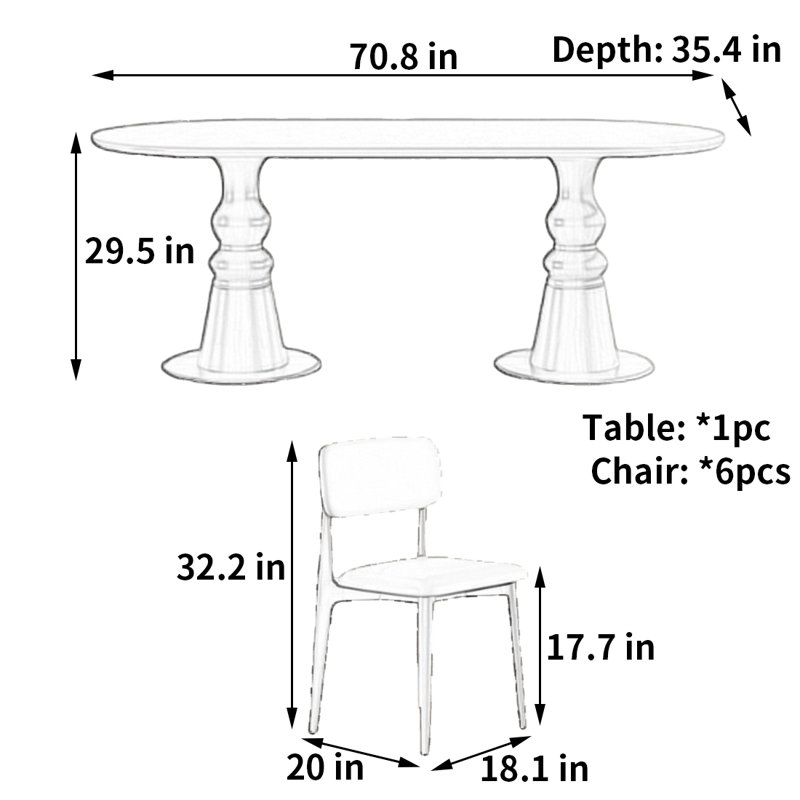 Small apartment quality dining table and chair, H 29,5 po x L 70,8 po x l 35,4 po