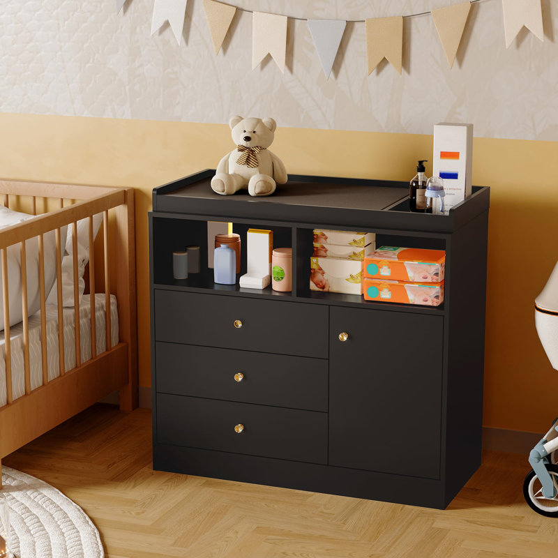 Nursery Dresser with Detachable Changing Top, Wooden Diaper Station with Shelves & Cabinet, Black
