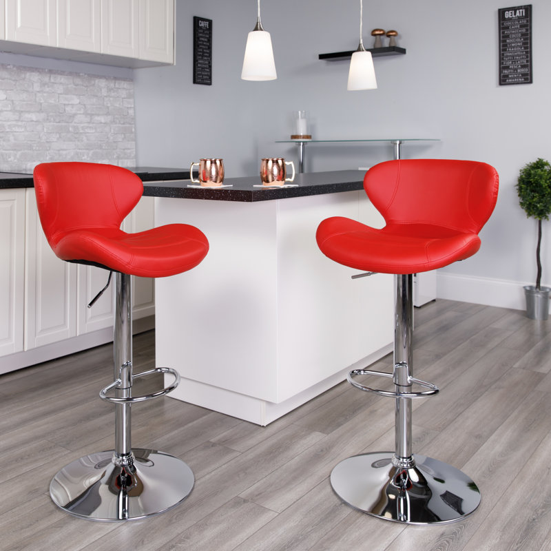 Guajardo Contemporary Vinyl Adjustable Barstool with Curved Back & Chrome Base, Red