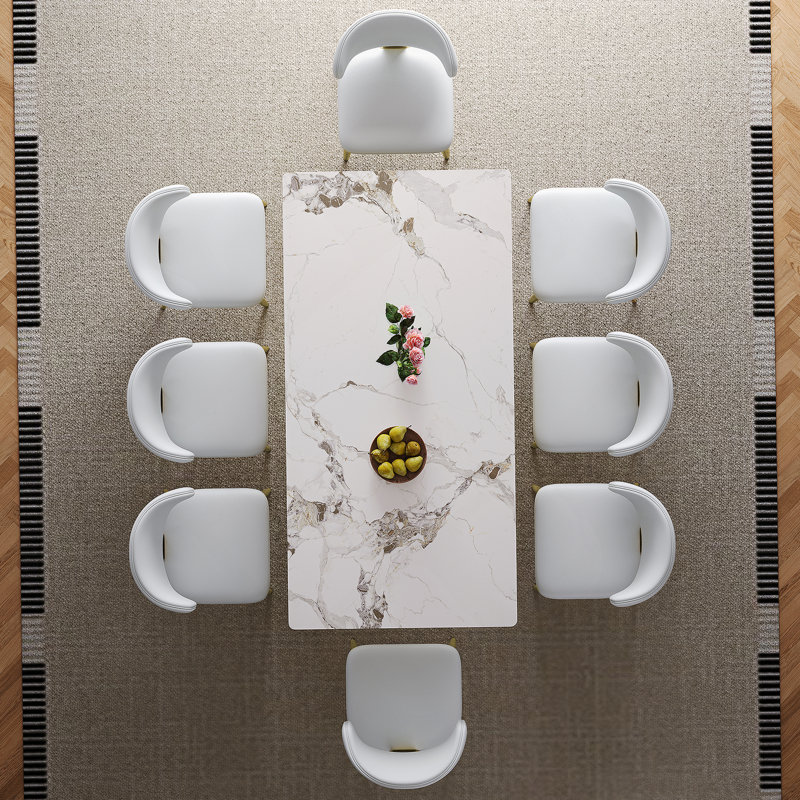 Ensemble de table de salle à manger ronde avec base en acier inoxydable et 8 chaises rembourrées, 9 pièces : table, 8 chaises
