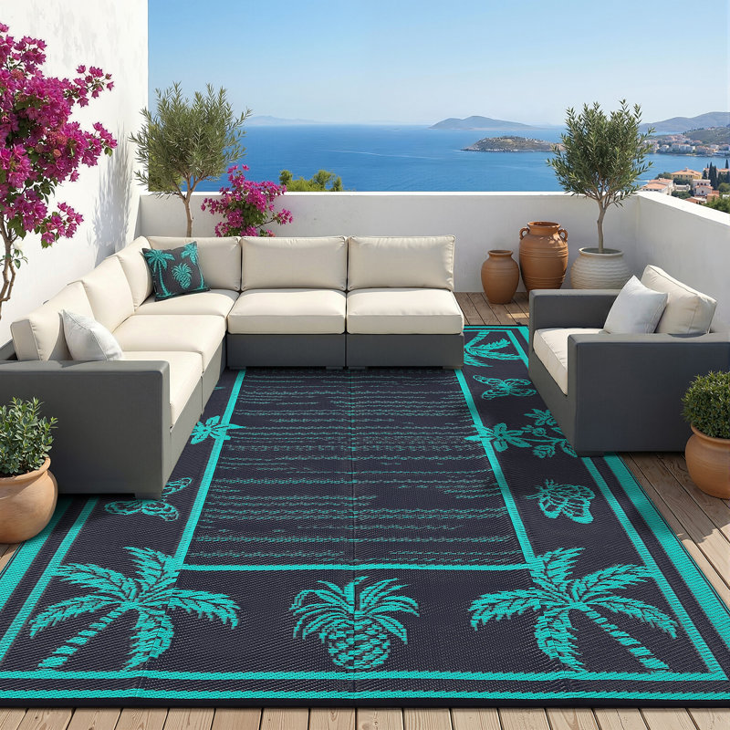 Tapis de camping réversible pour l'extérieur, résistant aux taches, moderne et résistant aux taches, Noir