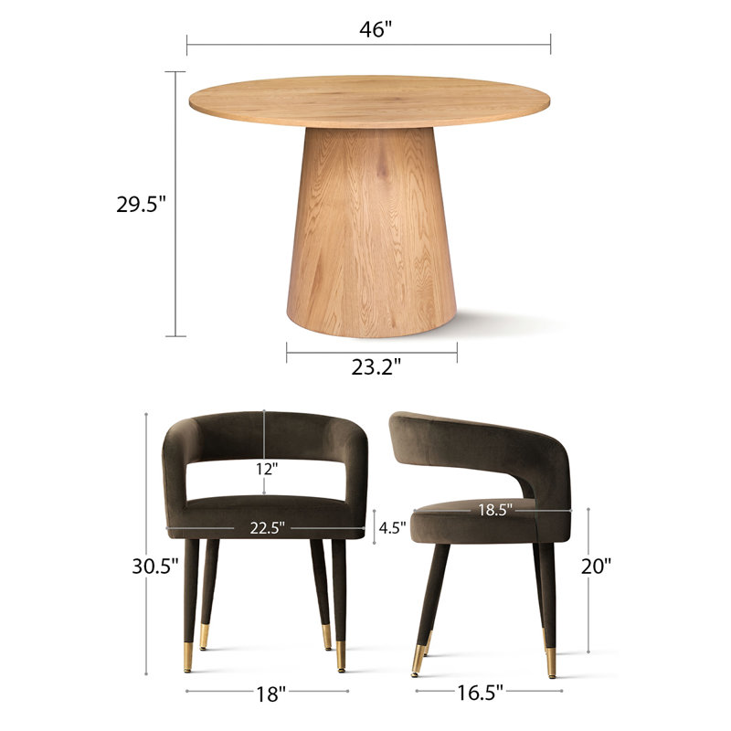 Modern 46" Round Dining Set with 4 Chenille Upholstered Barrel Arm Chairs, Chocolate Brown, Oak