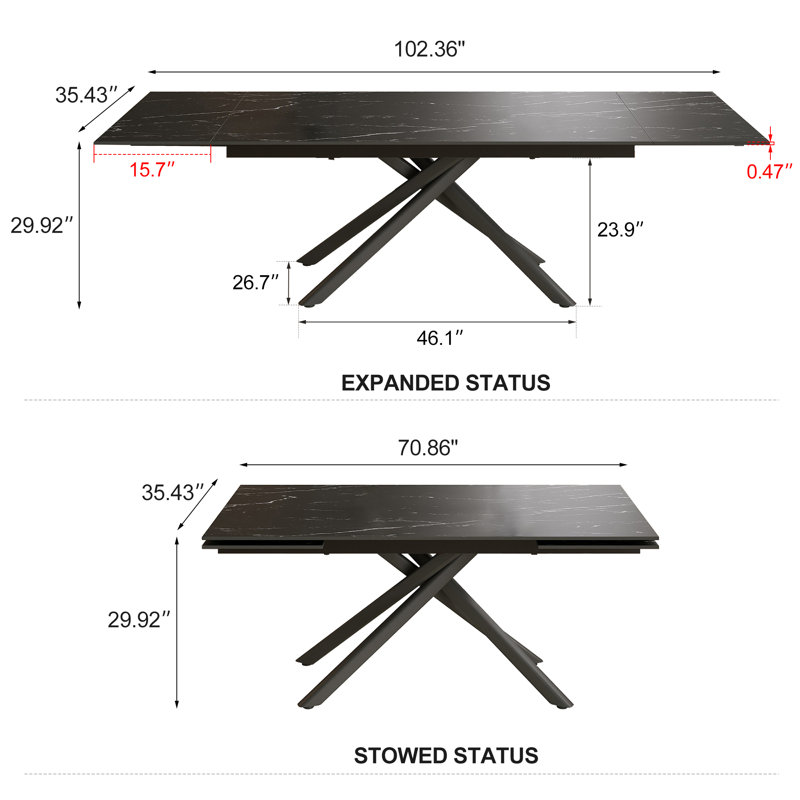Ensemble de table de salle à manger extensible 102 po avec table en pierre frittée et 8 chaises en similicuir, Noir