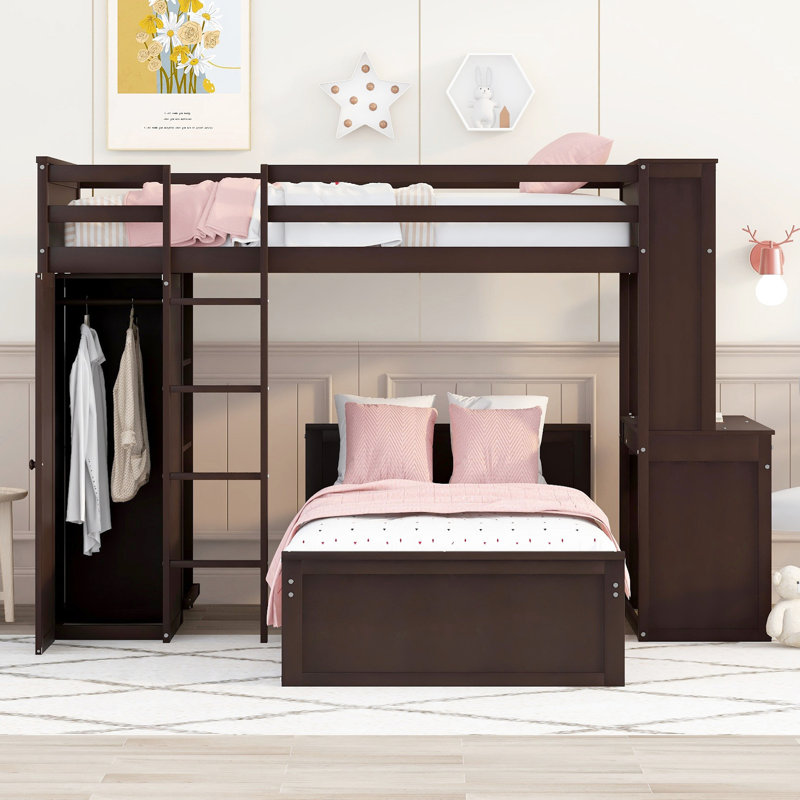 Lit mezzanine double avec lit simple, tablettes grises, bureau, garde-robe pour chambre à coucher, garde-robe. Maximisez votre espace. Fabrication. H 65 po x l 94,8 po x l 78,7 po. Aucune fondation nécessaire