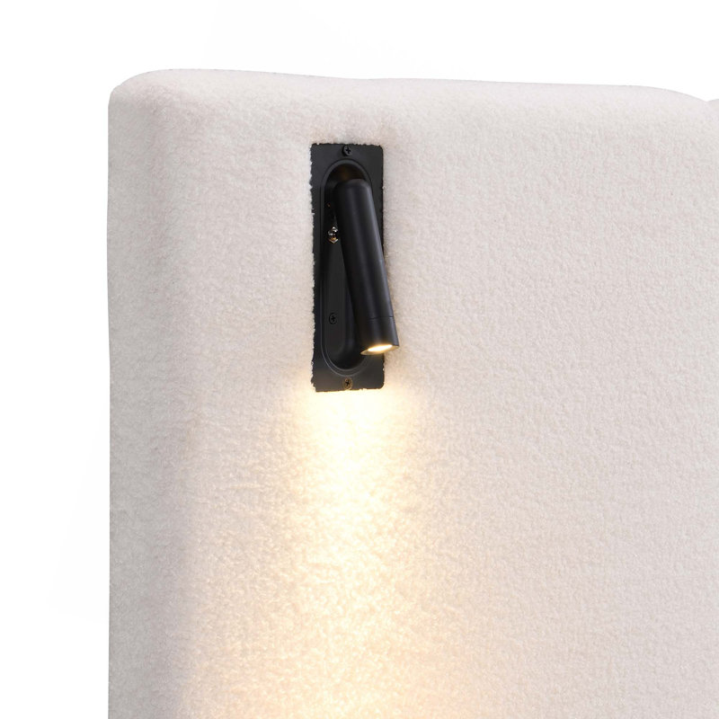 Lit rembourré avec lumières et tablettes intégrées, Très grand lit, Blanc