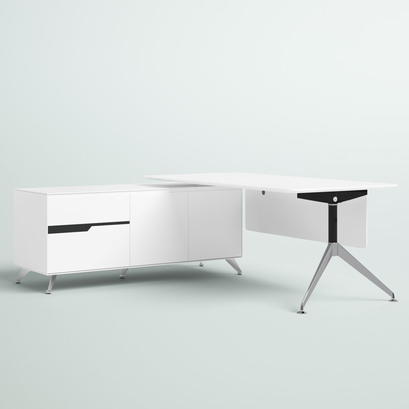 Mecham L-Shaped Executive Desk with Power Outlet, White/Chrome, Right Hand Return