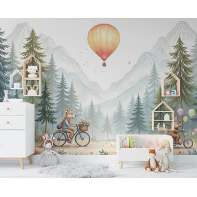 Papier peint animaux animaux, chambre d'enfant et chambre d'enfant, papier peint aquarelle de girafe en montgolfière, forêt d'ours, décoration de chambre d'enfant 463RS (Peel-N-Stick) RS463