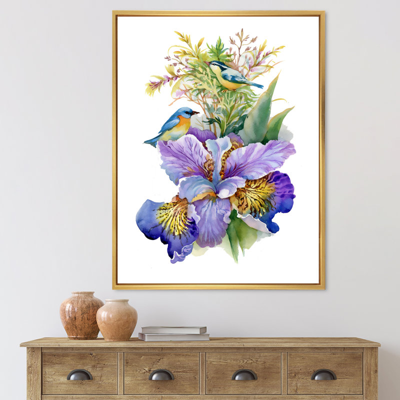 Iris mauve avec oiseaux - Peinture sur toile, H 32 po x l 24 po x P 1 po, Cadre flottant doré