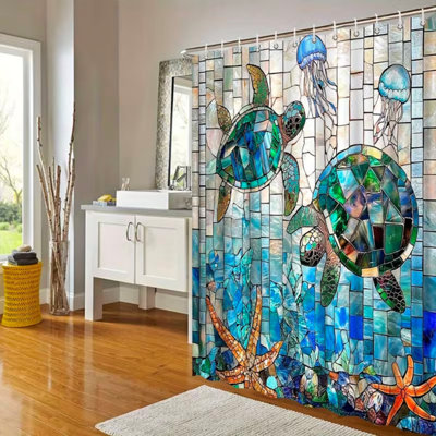 Rideau de douche artistique en vitrail 1pc - Scène sous-marine avec tortues, méduses et étoiles de mer, motif texturé mosaïque bleu vert blanc, 70 po x 70 po, 12 crochets inclus, décoration de salle de bain durable, installation facile