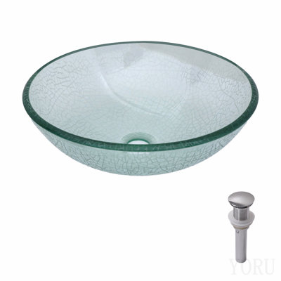 Lavabo vasque de salle de bain en verre trempé craquelé pour salle de bain avec bonde escamotable pour salle de bain, bol rond en verre trempé transparent (sans robinet)