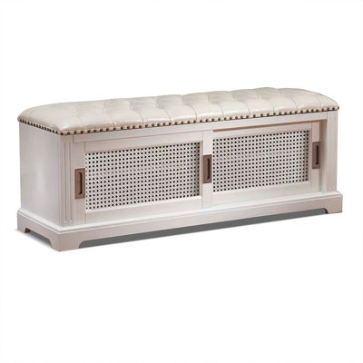 White Solid Wood Rattan Genuine Leather Upholstered Bench
