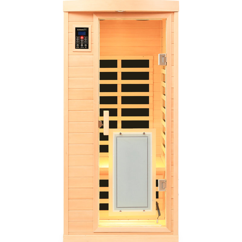 Chauffage infrarouge lointain pour une personne, intérieur, basse température, en bois de pruche, 8 panneaux chauffants, audio, commandes tactiles, protection contre la surchauffe et affichage en degrés Celsius.