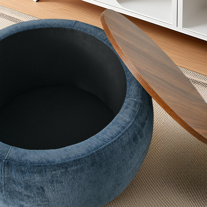 Round Storage Ottoman, 2 In 1 Function, Work As End Table And Ottoman,with Small Seat, Brown, Blue