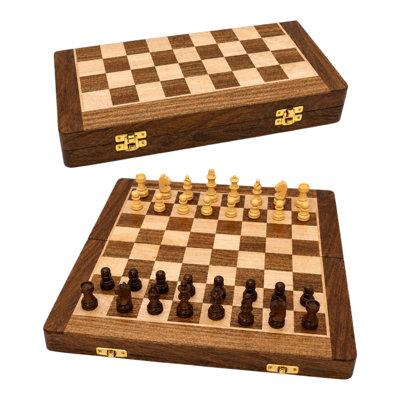 Modern Folding Wood Chess Tabletop Game for Living Room - Classic Family Activity with Decorative Decor for Coffee Table - 12", Brown & White