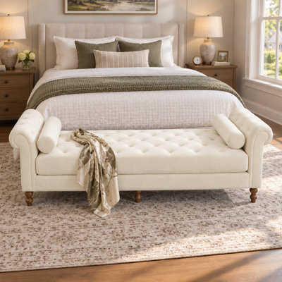 Modern Transitional Tufted Chenille End of Bed Bench with Bolster Pillows and Rubberwood Legs for Bedroom Entryway Shoe Changing and Extra Seating