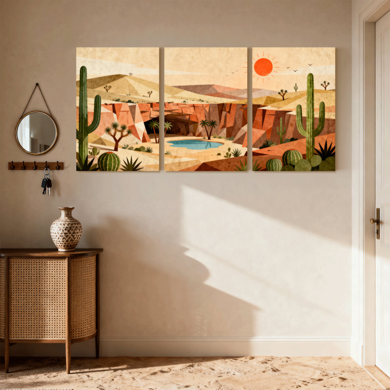 «Landscape & Nature Desert Landscape with Cactus and Sun», ensemble de 3 impressions sur toile, H 18 po x l 36 po