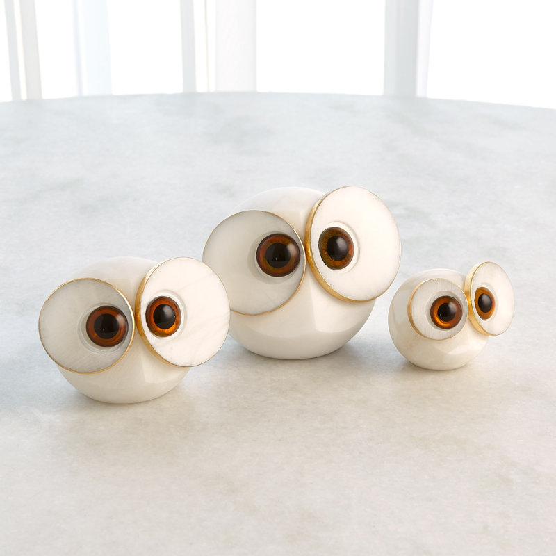 Alabaster Big Eyed Owl, 3.75" H x 4" W x 5.25" D