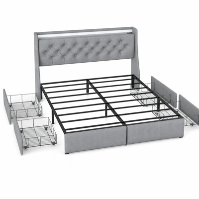 Full Size Metal Bed Frame with Charging Station & LED Lights, 4 Drawers & Tufted Headboard, Grey