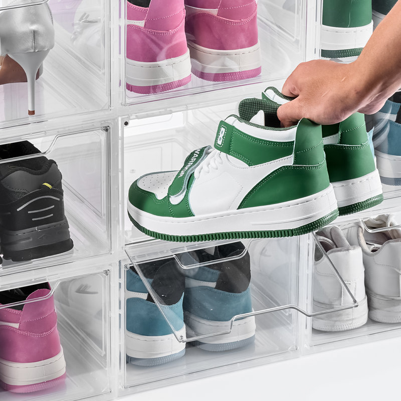 Shoe Storage Boxes 9 Pack Stackable Shoe Boxes US Size 13 Transparent, Clear White
