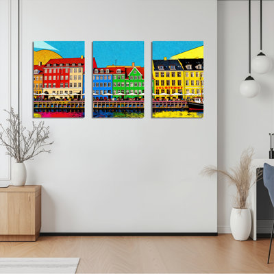 Colorful Scandinavian Cityscape Canvas Wrapped Wall Art Oil Painting Print Set of 3