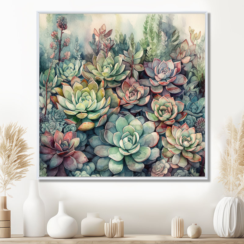 «Haidan Green Red Cactus Scenery I», reproduction sur toile, H 24 po x l 24 po, Cadre flottant blanc