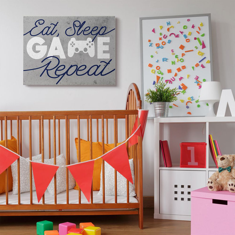 "Eat Sleep Game Répétition" par Daphne Polselli, reproduction de jeu vidéo encadrée, H 30 po x l 40 po x 1,5 po, Toile tendue