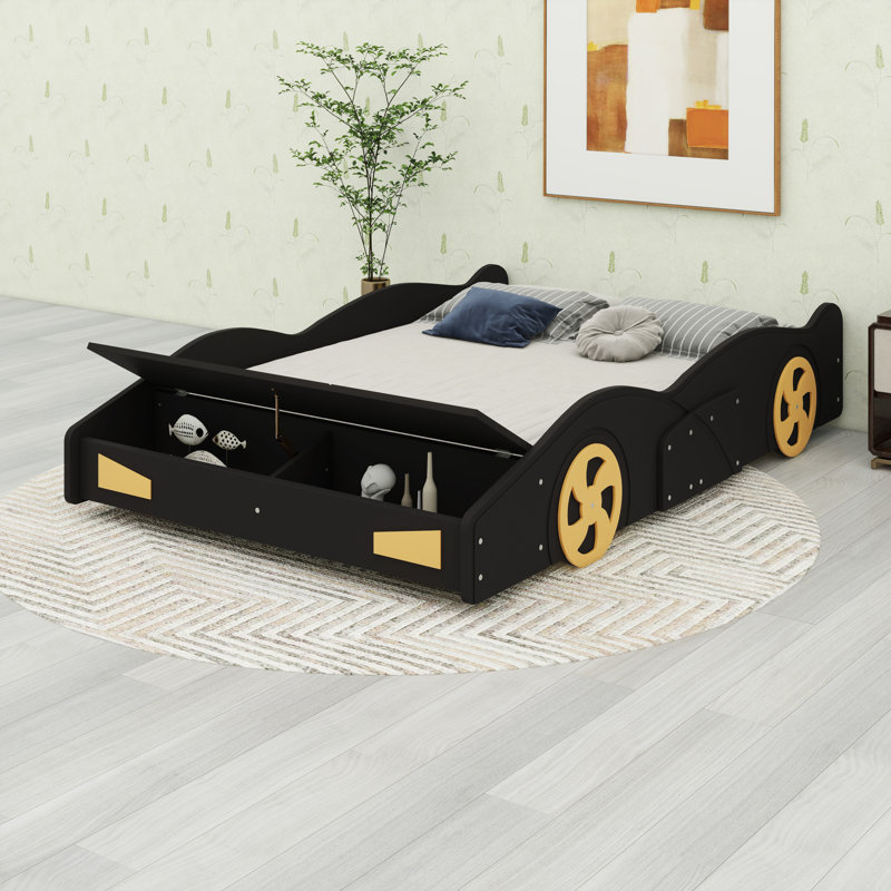 Lit plateforme de voiture de course en bois massif avec garde-corps, espace de rangement et roues, Lit double, Noir