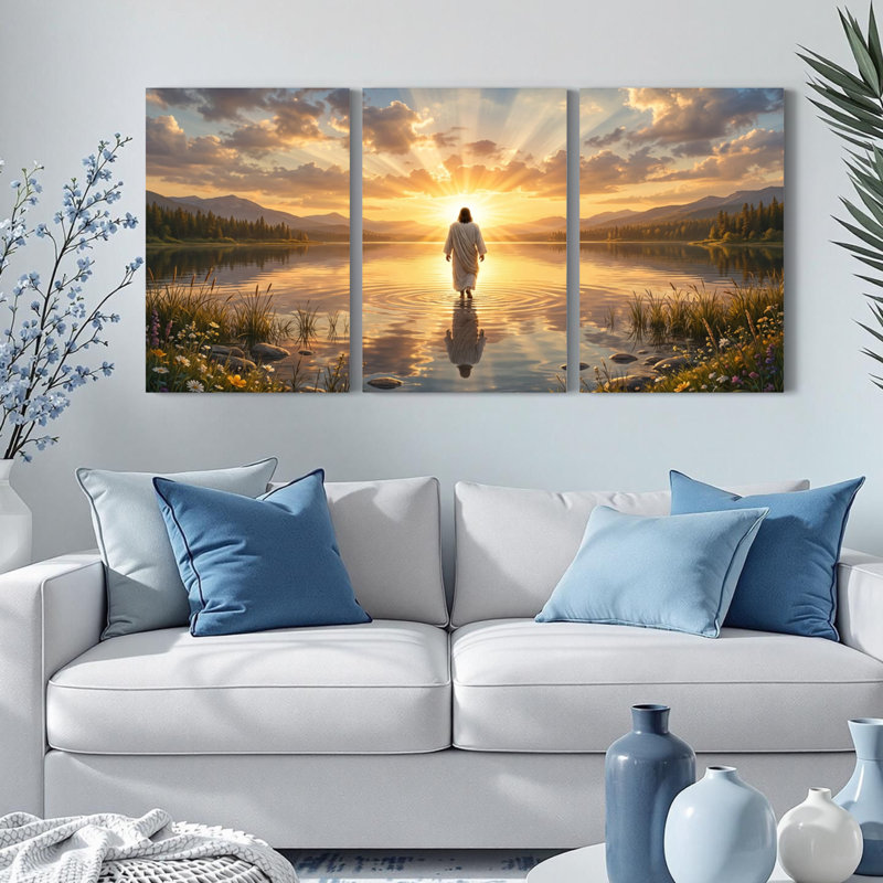 Ensemble de 3 tableaux sur toile représentant Jésus marchant sur l'eau au coucher du soleil, 2436