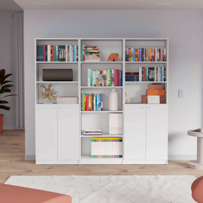 Three Piece Home Bookcase Set, 74" Wide With 11 Shelves And Two Double-Door Cabinet, Living Room Set