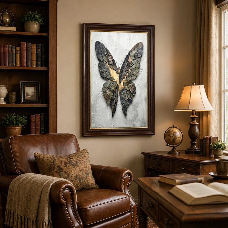 Art mural antique sur toile encadré doré pour le salon, la chambre à coucher, le bureau ou le vestibule - décoration murale décorative avec art papillon