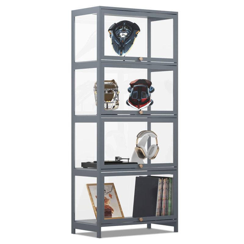 Modern Gray 4-Tier Bamboo and Acrylic Display Cabinet