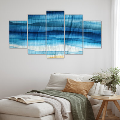 Vagues océaniques à la plage - art mural abstrait bleu 5 pièces