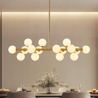 16-Light Mid Century Modern Chandelier: 40" Gold Linear Sputnik Chandeliers – Milky White Glass Globe Dining Room Light Fixture – Long Modern Pendant Chandelier for Living Room Kitchen Island Table