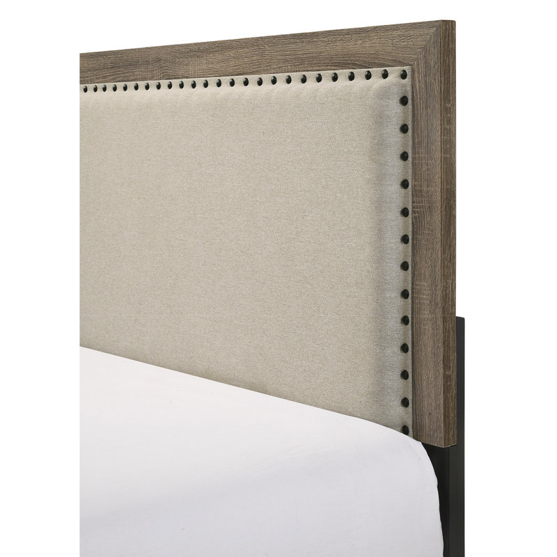Grand lit moderne avec tête de lit tapissier grise et têtes de clou en bois massif, Gris, Grand lit