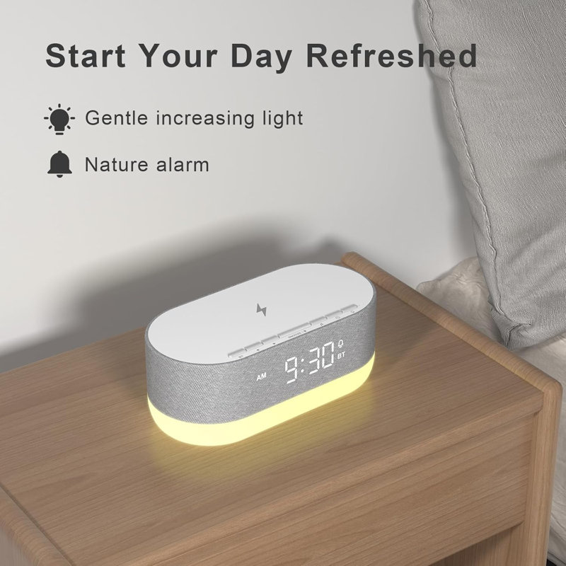 3 In 1 Sound Machine Alarm Clock& Wireless Charger Soothing White Noise Bluetooth Music Relaxation & Customized Sleep-Wake Routine
