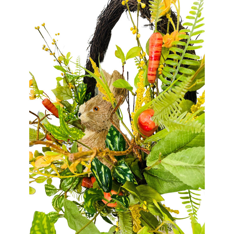 Couronne de brindilles 18 po Lapin avec carottes et fleurs sauvages